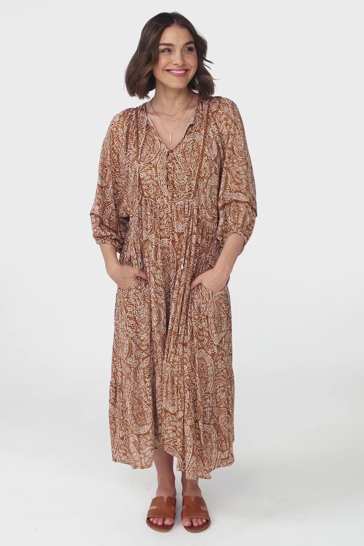 Kamali Midi Dress - Batwing Sleeve Smock Dress with Lace Detailing in Khalid Print Rust