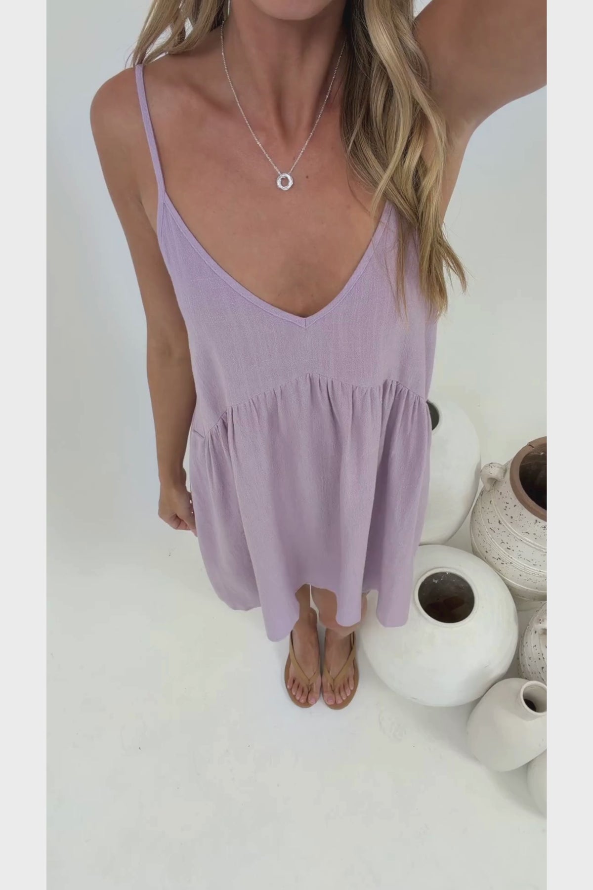 Romy Mini Dress - V Neck Spaghetti Strap Empire Waist Dress with Pockets in Lilac