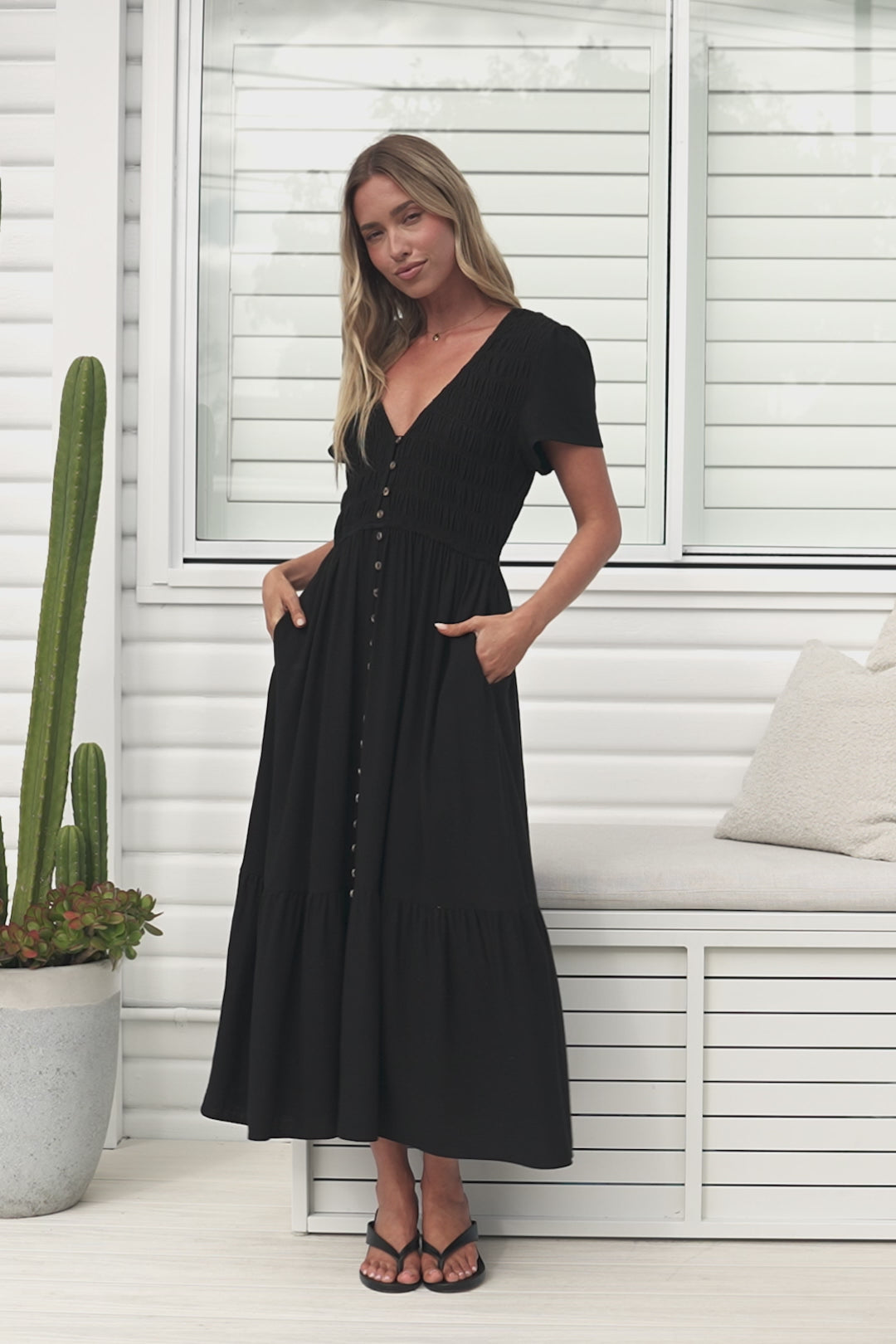 Stephan Midi Dress - Cap Sleeve Tortoiseshell Button-Down Tiered Dress in Black