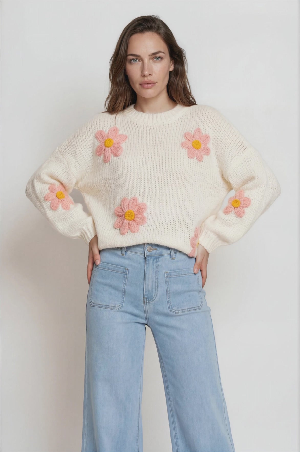 Amara Jumper - Crew Neck Floral Motif Knit with Ribbed Hemlines in White