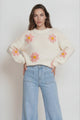 Amara Jumper - Crew Neck Floral Motif Knit with Ribbed Hemlines in White