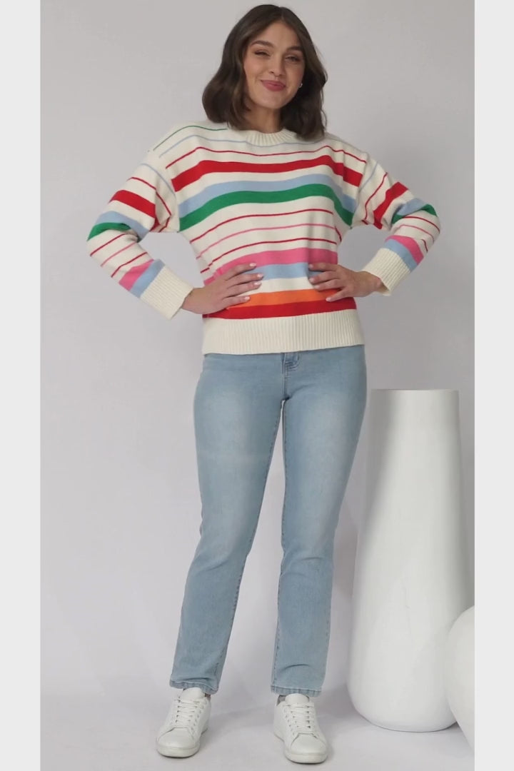 Kodie Jumper - Crew Neck Rainbow Stripe Jumper in Cream