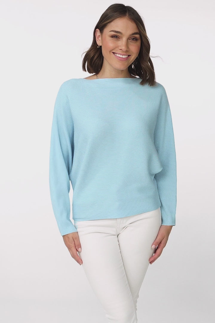 Havanah Knit Top - Boat Neckline Ribbed Top in Light Blue