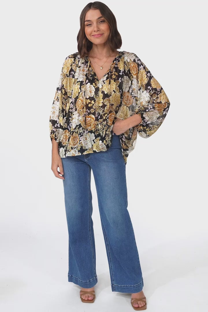 Marietta Top - Pull Over Plisse Blouse with Gold Tinsel Threading in Elsa Print Black