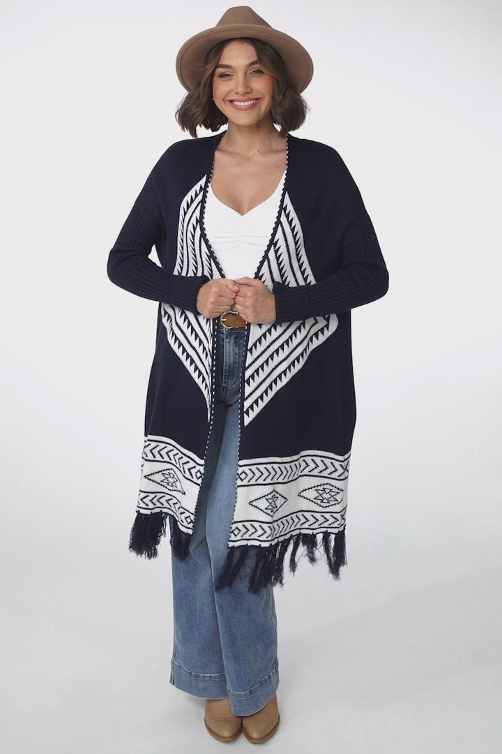 Amos Cardigan - Open Front Cardigan with Tassel Hem in Navy