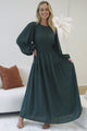 Sheyne Maxi Dress - Long Balloon Sleeve Elasicated Waist A Line Dress in Green