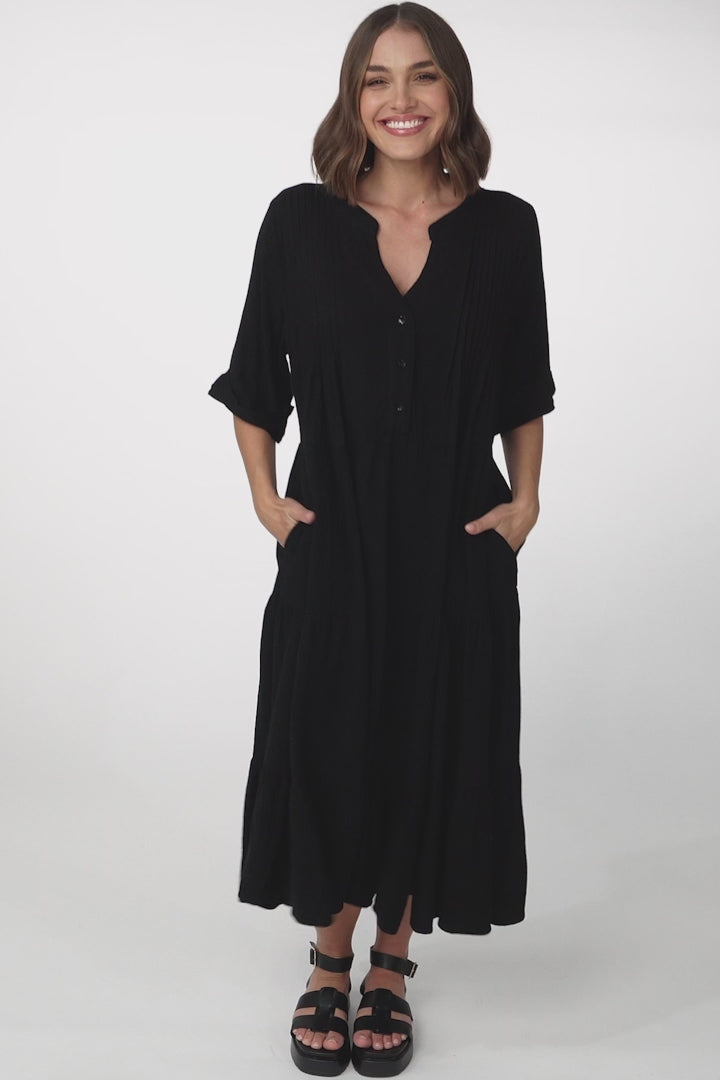 Ayva Midi Dress - 3/4 Sleeve Tiered Smock Dress in Black