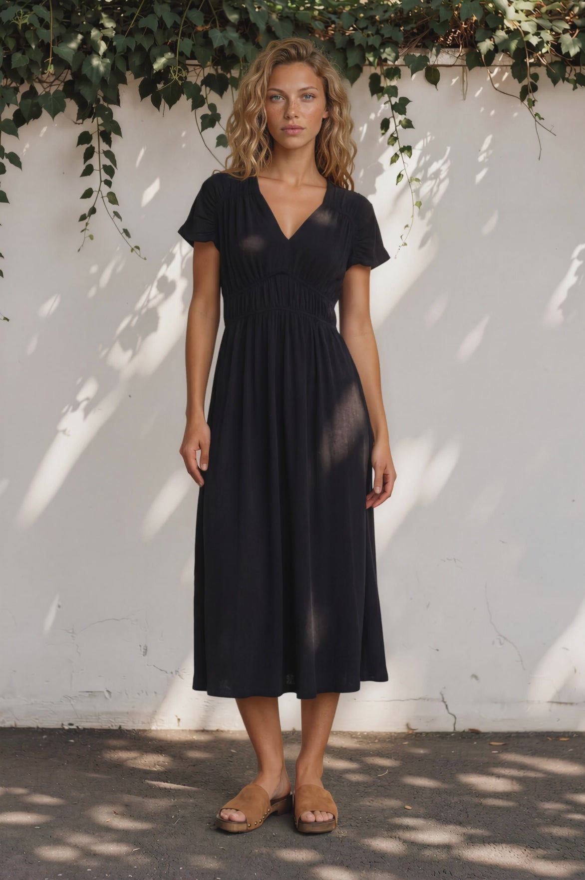Barnaby Midi Dress - Gathered and Piping Detailed A-Line Dress with a V-Neckline in Black