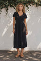 Barnaby Midi Dress - Gathered and Piping Detailed A-Line Dress with a V-Neckline in Black