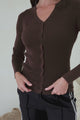 Tori Knit Top - Buttoned Down Long Sleeve Ribbed Knit in Chocolate