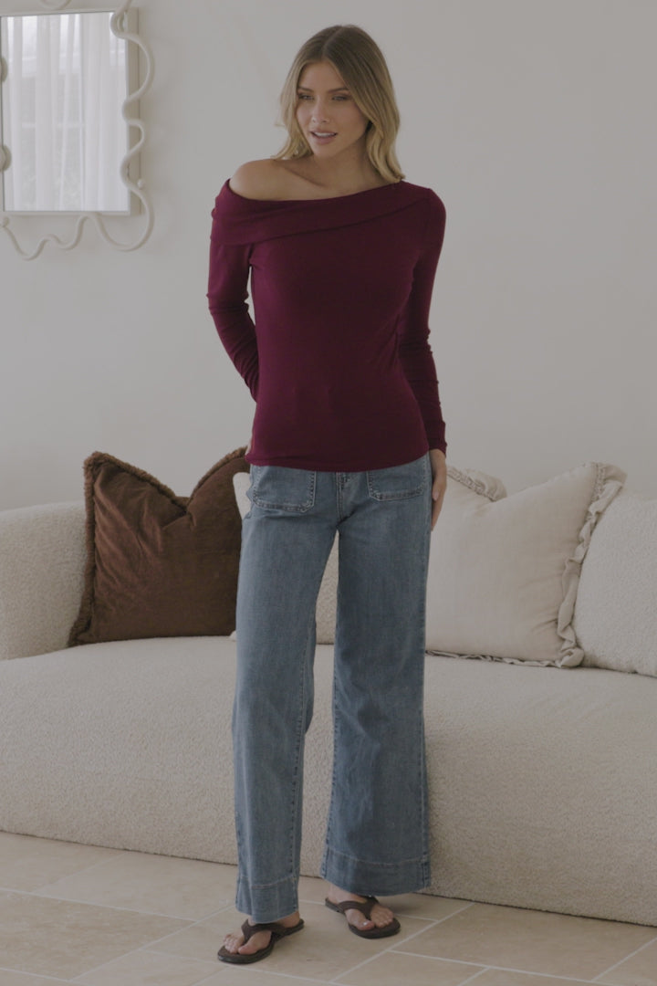 Lissa Top - Folded Asymmetric Neckline Long Sleeve Top in Wine