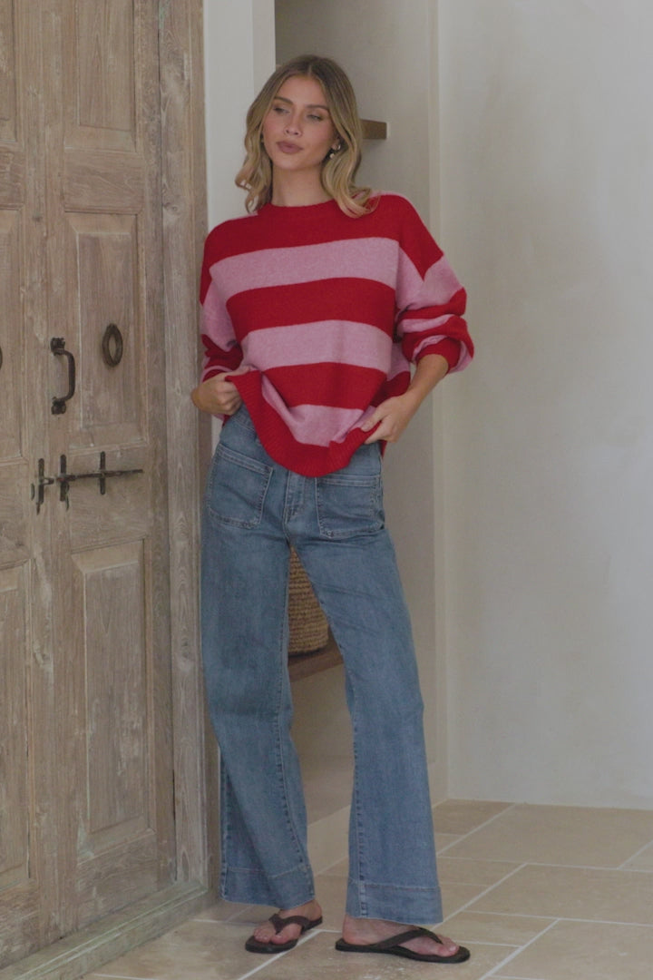 Sumner Jumper - Crew Neck Stripe Knit with Ribbed Hemlines in Red