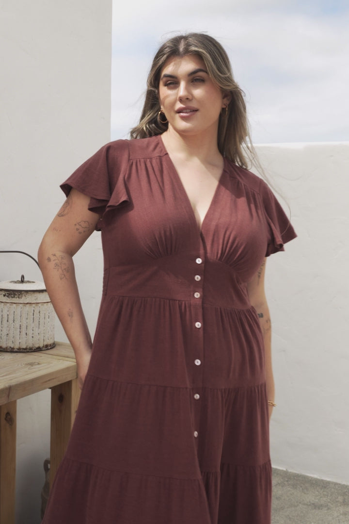 Amy Midi Dress - Flutter Cap Sleeve Buttoned Down V Neck Dress in Chocolate