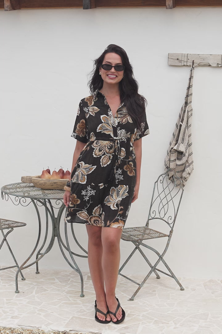 Apryl Mini Dress - Collared Short Sleeve Dress with Pull Tie Waist in Shanina Print Black