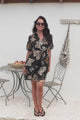 Apryl Mini Dress - Collared Short Sleeve Dress with Pull Tie Waist in Shanina Print Black