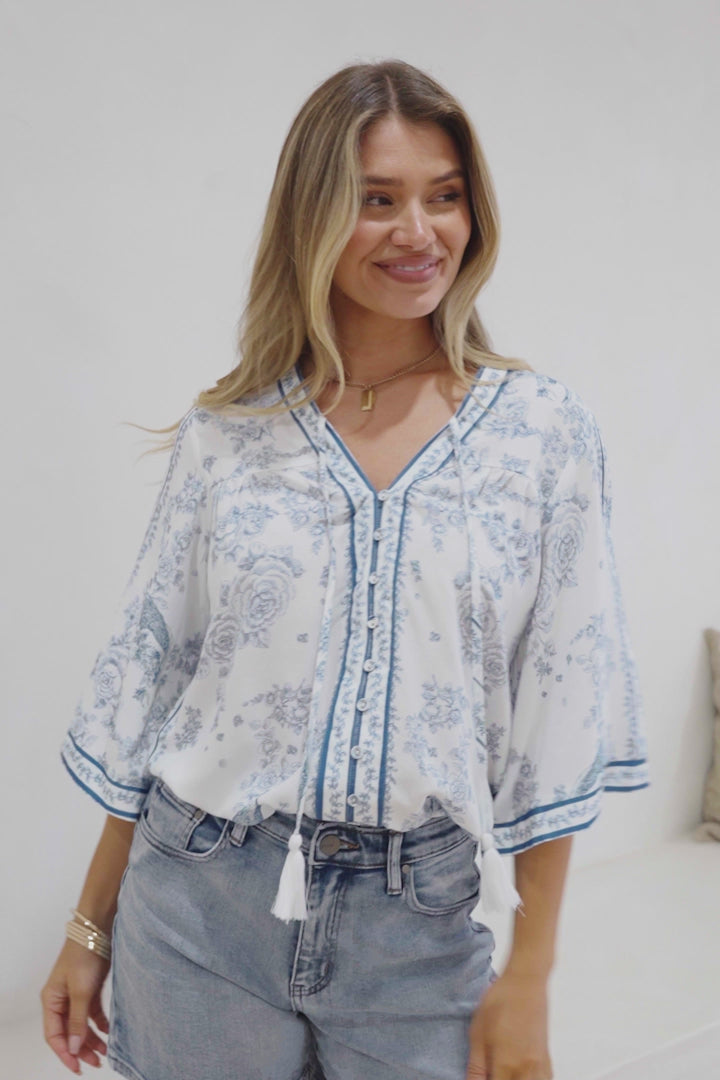 Elysia Blouse - Deep V Neck Button Down 3/4 Sleeve Top in Josie Print