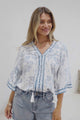 Elysia Blouse - Deep V Neck Button Down 3/4 Sleeve Top in Josie Print