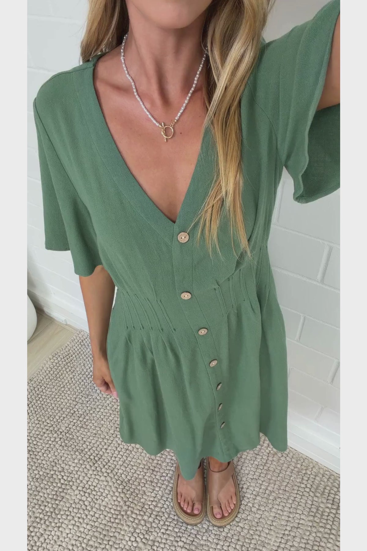 Karin Mini Dress - V Neck Flutter Sleeve Mini with Decorative Front Button Placket in Green