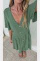 Karin Mini Dress - V Neck Flutter Sleeve Mini with Decorative Front Button Placket in Green