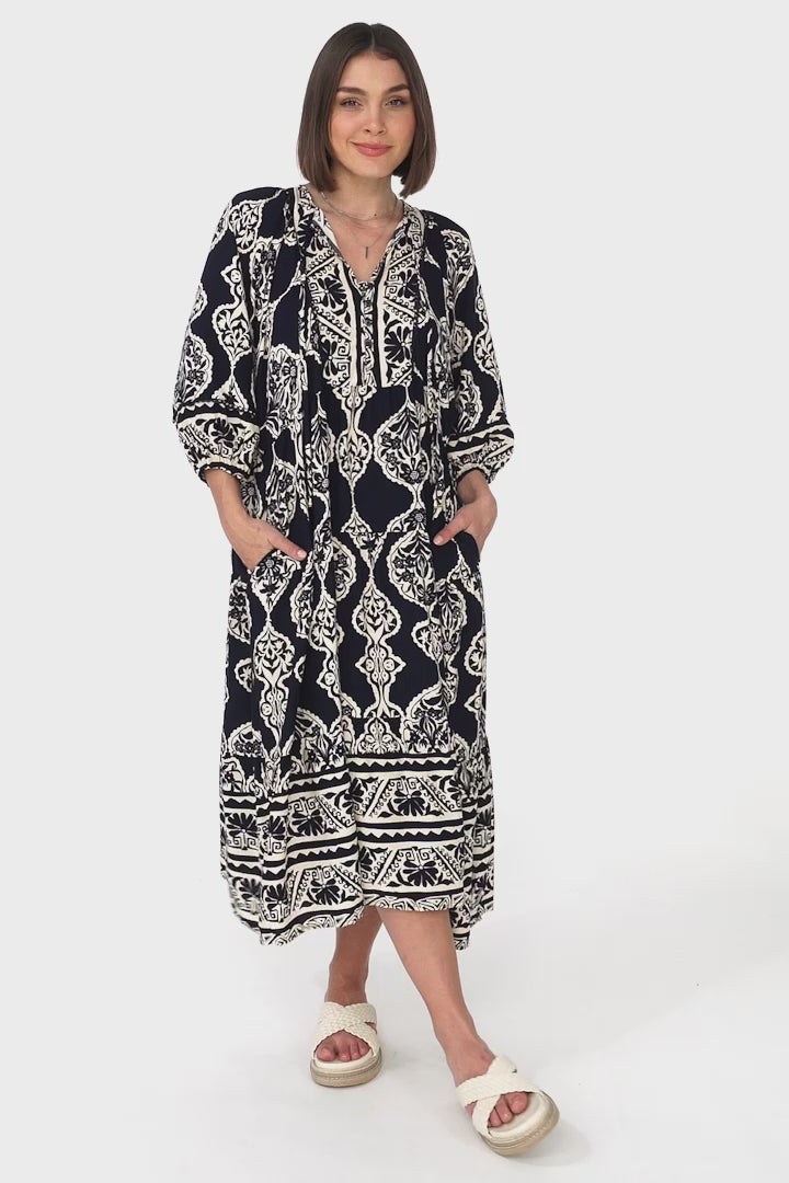 Kamali Midi Dress - Batwing Sleeve Smock Dress with Lace Detailing in Belle Print Navy