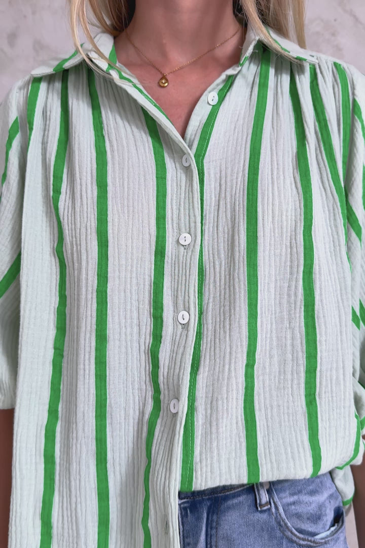 Samsara Shirt - Collared Oversized Button Down with Balloon Sleeves in Green Stripe