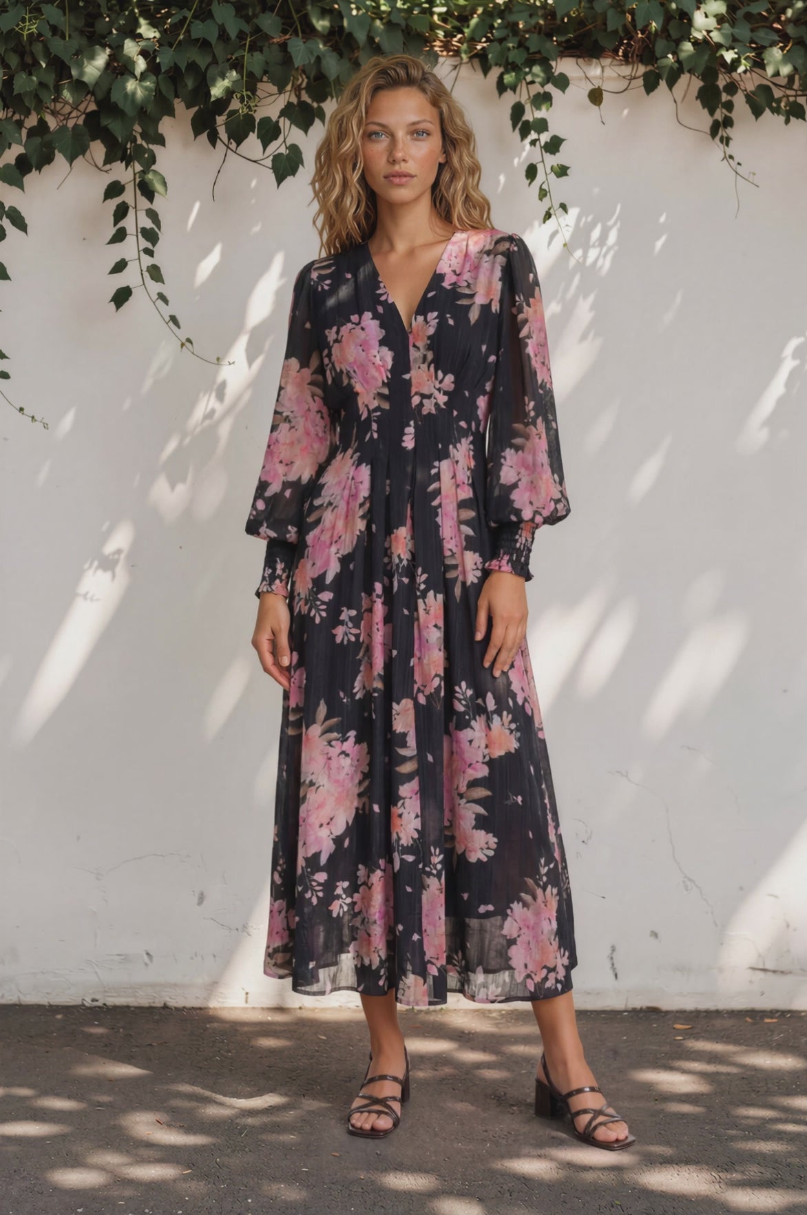 Vinia Maxi Dress - V Neckline Dress with Long Sheer Sleeves in Odessa Print