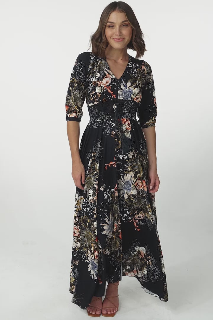 JAASE - Indiana Maxi Dress: Lace Back Shirred Waist A Line Dress with Handkerchief Hemline in Indigo Print