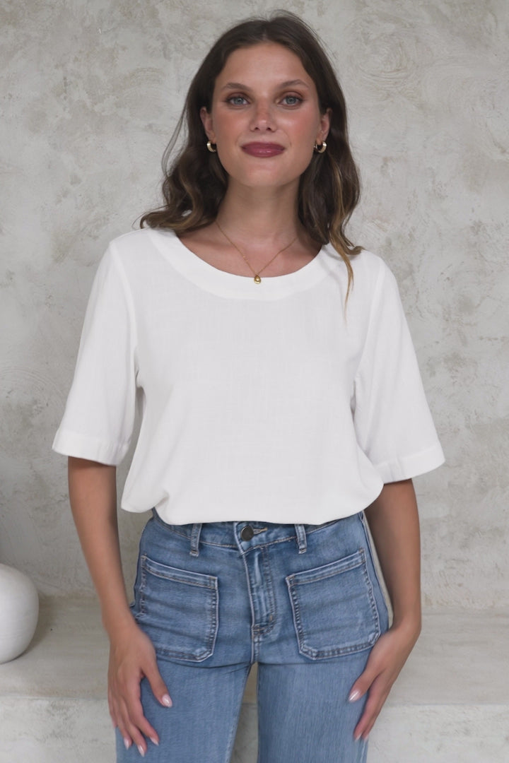 Tustin Top - Round Neck Boxy High Low Top with Short Sleeves in White