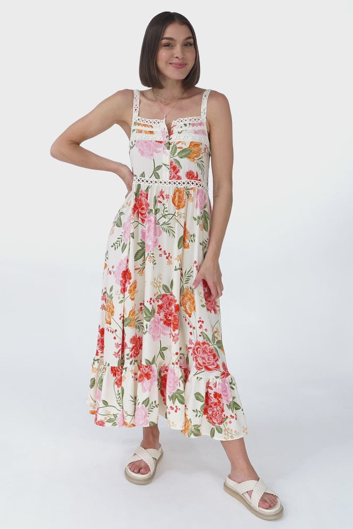 Gypsy Midi Dress - Lattice Trim Adjustable Strap Sun Dress in Verbena Print