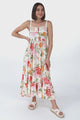 JAASE - Gypsy Midi Dress: Lattice Trim Adjustable Strap Sun Dress in Verbena Print