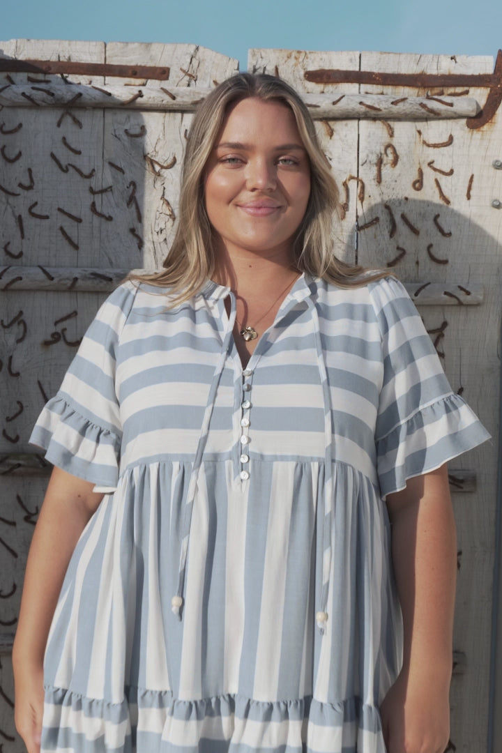 Abilia Mini Dress - Mandarin Collar Smock Dress in Gaubi Print Blue