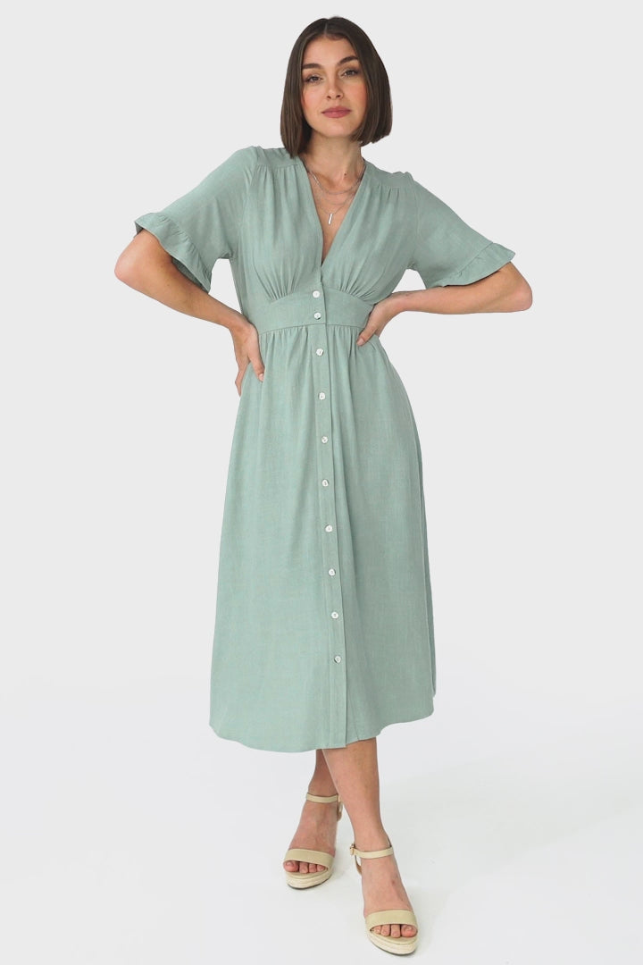 Rizelda Midi Dress - V Neck Button Through Dress with Bell Sleeves in Sage