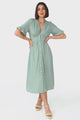 Rizelda Midi Dress - V Neck Button Through Dress with Bell Sleeves in Sage