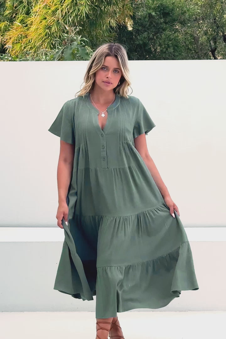 Peggy Midi Dress - Relaxed Mandarin Collar Pleated Bust Tiered Linen Dress in Green