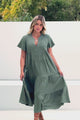 Peggy Midi Dress - Relaxed Mandarin Collar Pleated Bust Tiered Linen Dress in Green