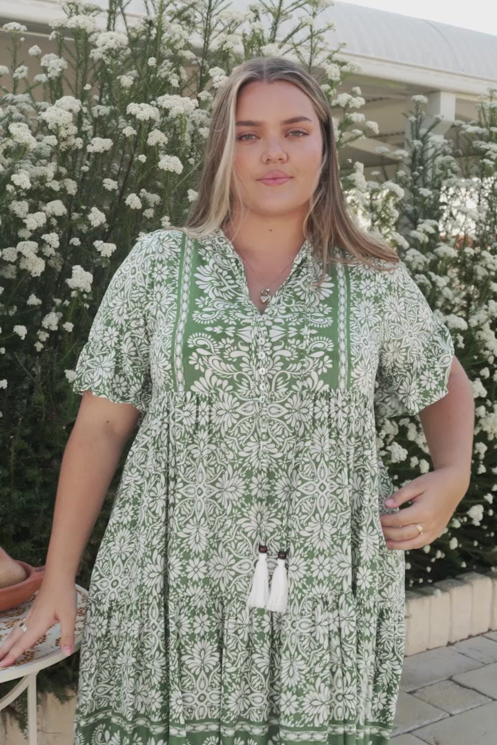 Abilia Mini Dress - Mandarin Collar Smock Dress in Harley Print Green