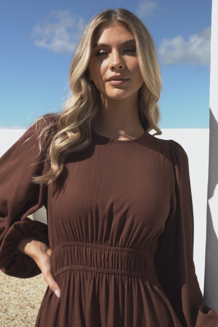 Sheyne Maxi Dress - Long Balloon Sleeve Elasticated Waist A Line Dress in Brown