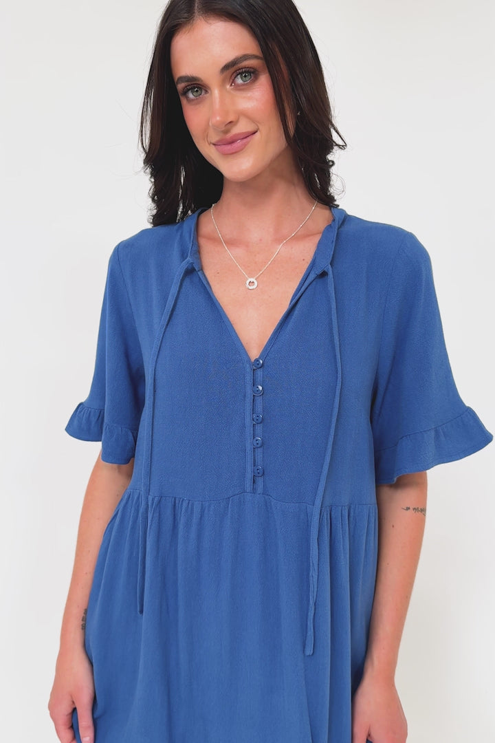 Madalena Mini Dress - Mandarin Collar Buttoned Bodice Smock Dress in Blue