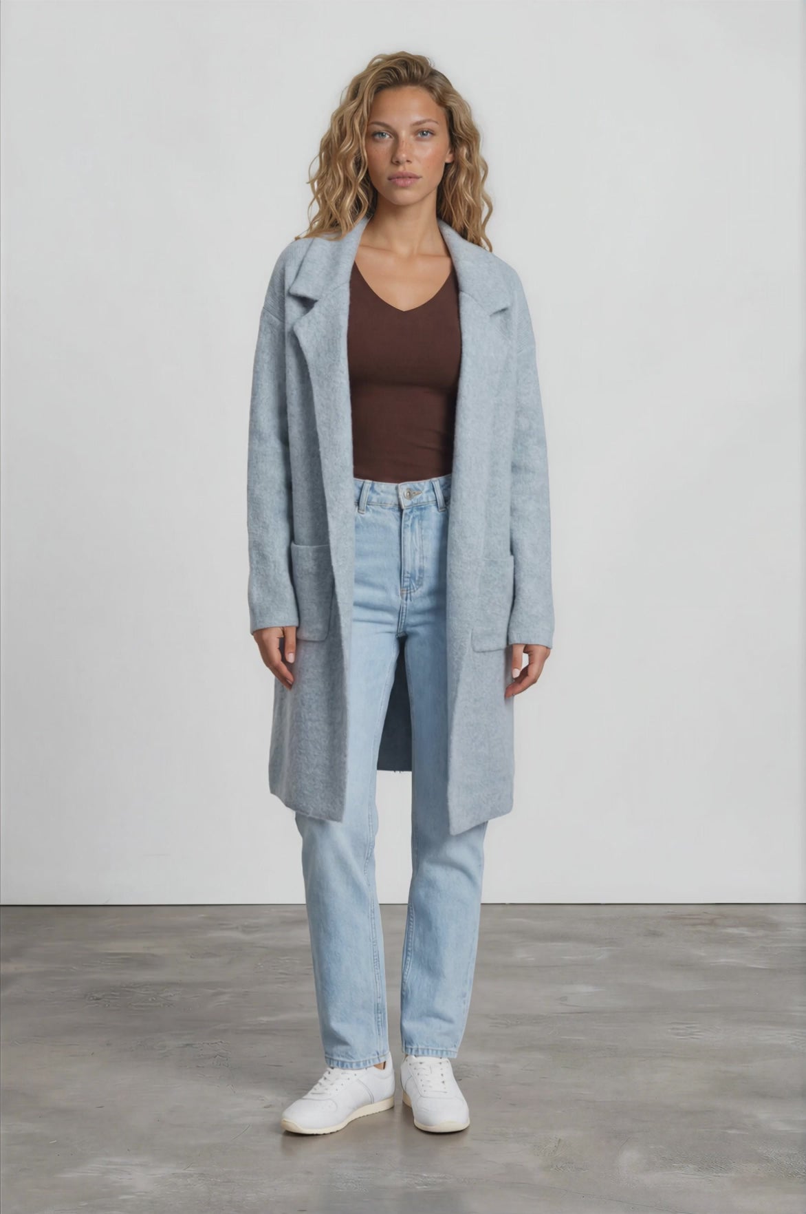Keagan Cardigan - Folded Lapel Collar Coatigan with Pockets in Blue