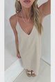 Lotty Midi Dress - V Neck Razor Back Linen Dress with Waist Tie in Beige