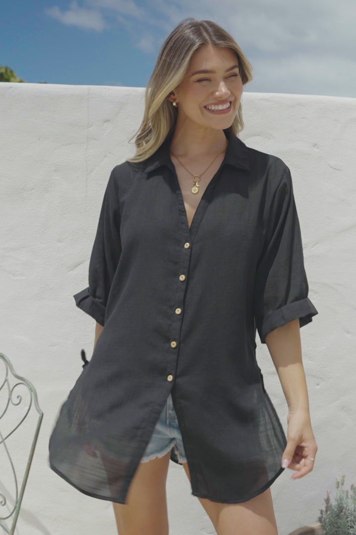 Corina Shirt - Relaxed Button Down Shirt with Sun Hollow-Out Back Decal in Black