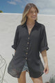 Corina Shirt - Relaxed Button Down Shirt with Sun Hollow-Out Back Decal in Black