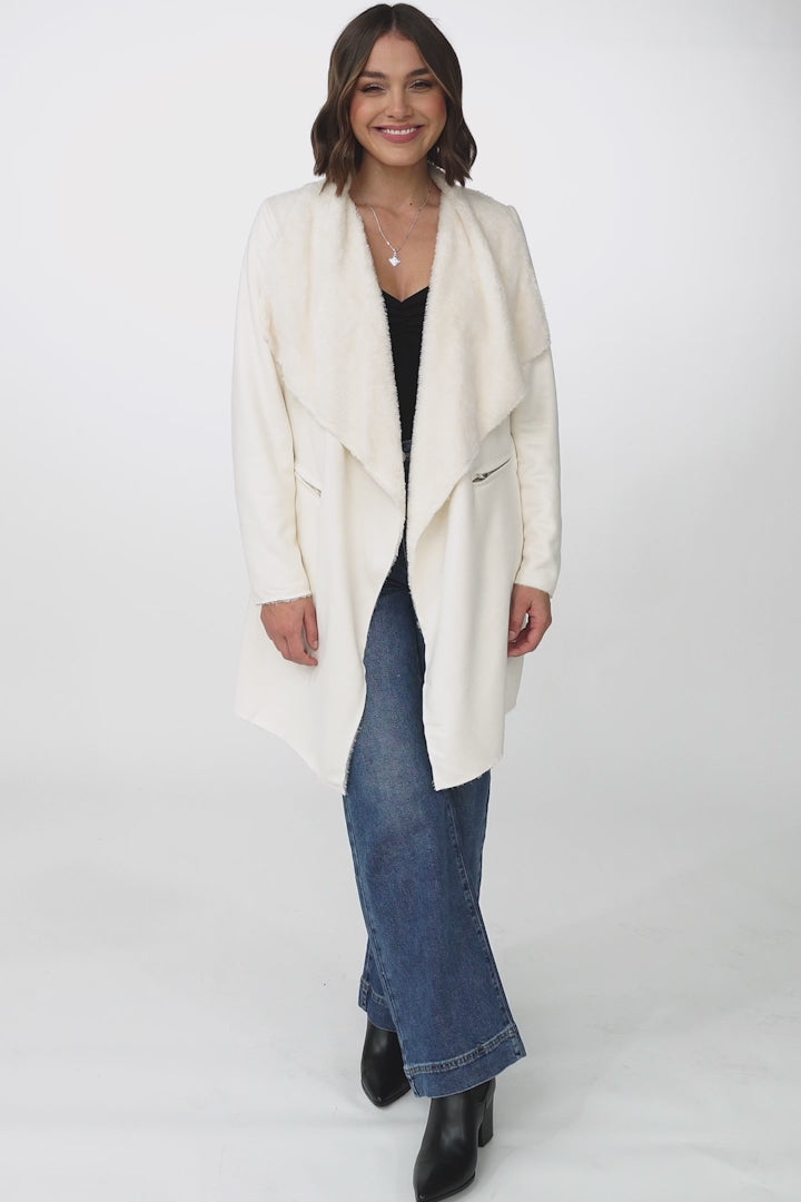 Devenish Jacket - Faux Fur Lined Suede-Like Waterfall Jacket in Cream