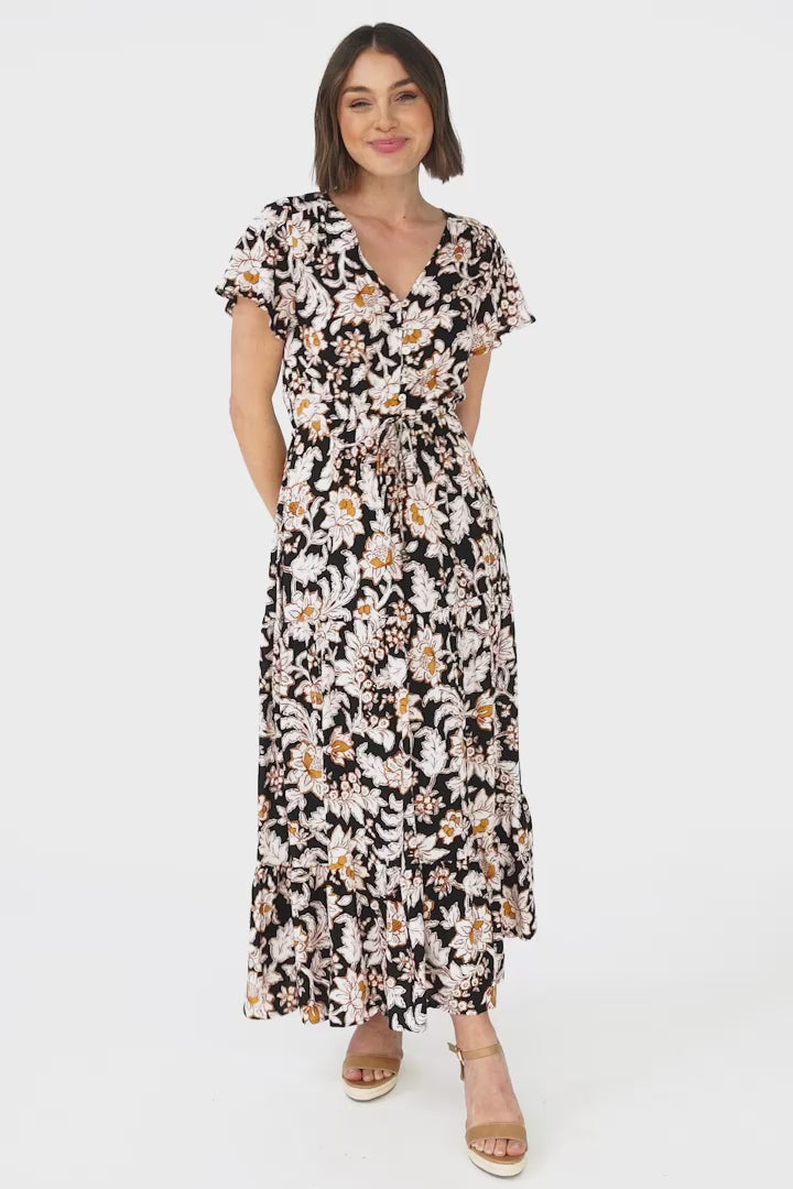 Hanna Maxi Dress - Cap Sleeve Tiered A Line Dress with Toggle Detailed Waist Tie in Torah Print