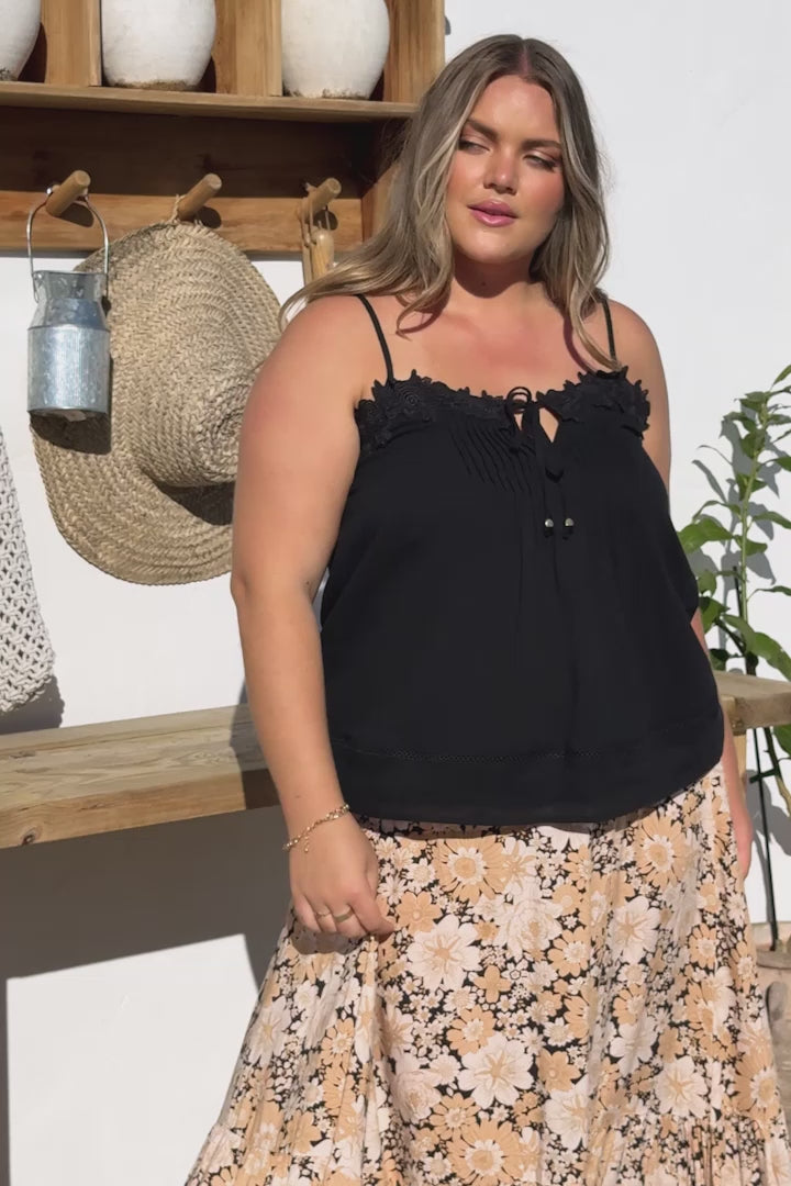 Zia Maxi Skirt - High Waisted Skirt with Tassel Waist Tie and Front Splits in Lyanna Print