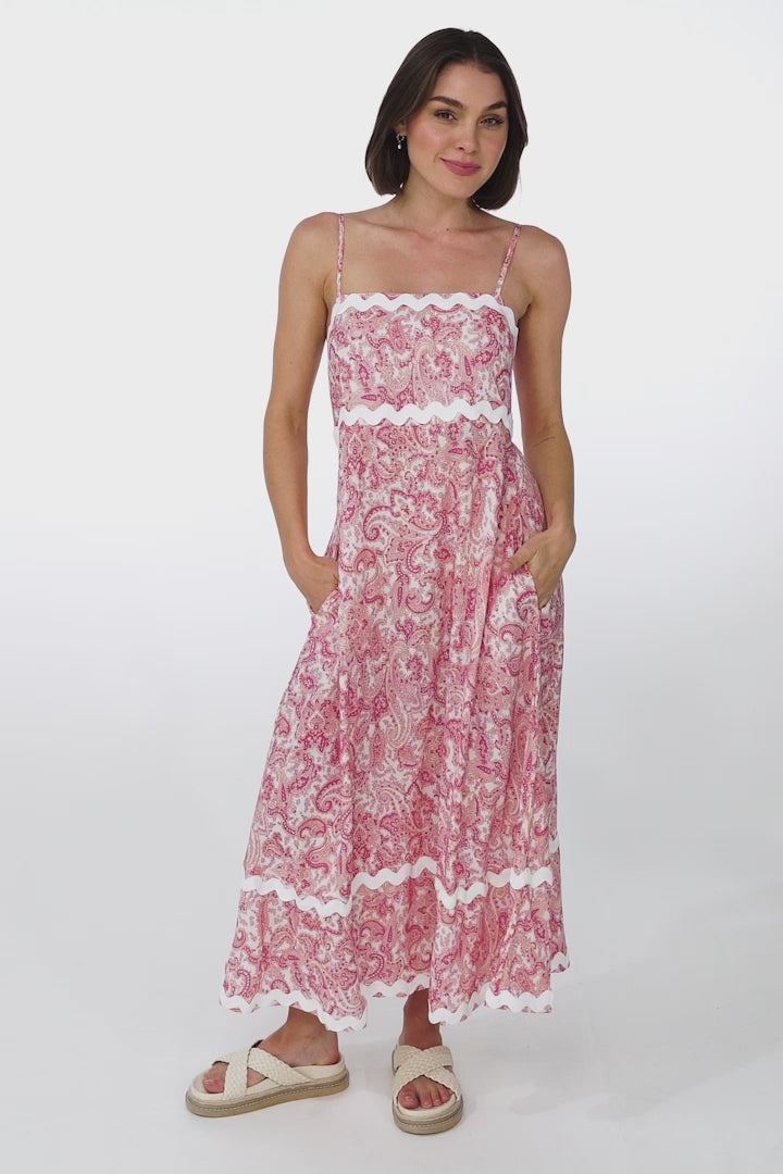 Marlin Midi Dress - Rick Rack Splicing Sun Dress with Adjustable Straps in Henrietta Print Pink