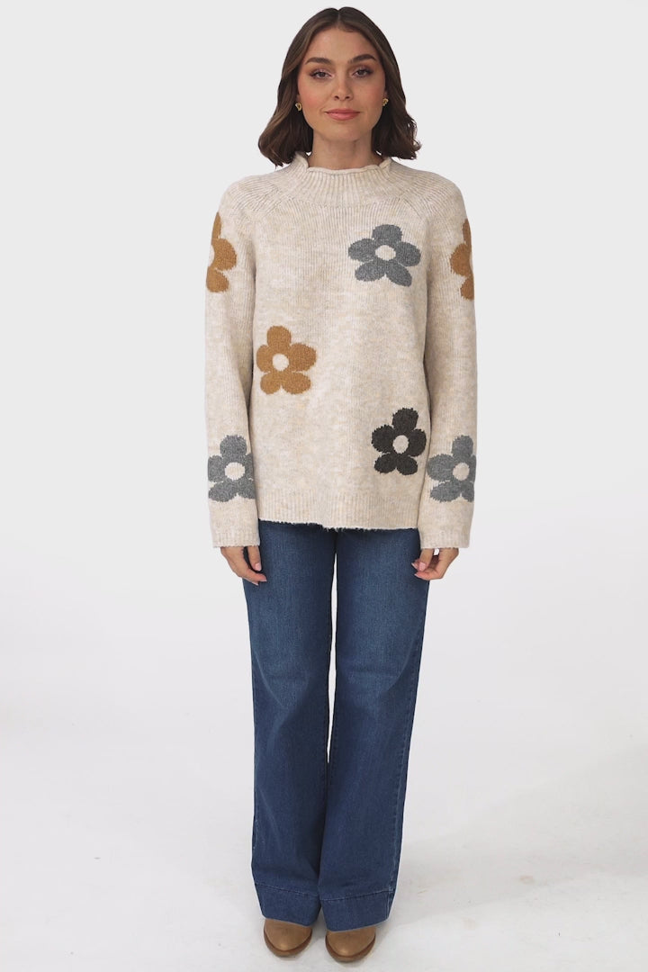 Shay Jumper - Multi Colour Flower Detail Crew Neck Jumper in Oat Marle