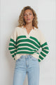 Dixon Jumper - Wing Collar Striped V Neck Jumper in Cream/Green