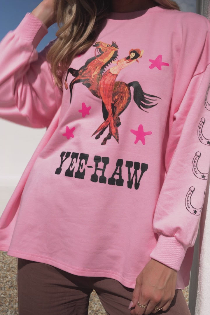 Yee-Haw Set - Graphic Long Sleeve Top and Pants with Stripe Accent in Pink