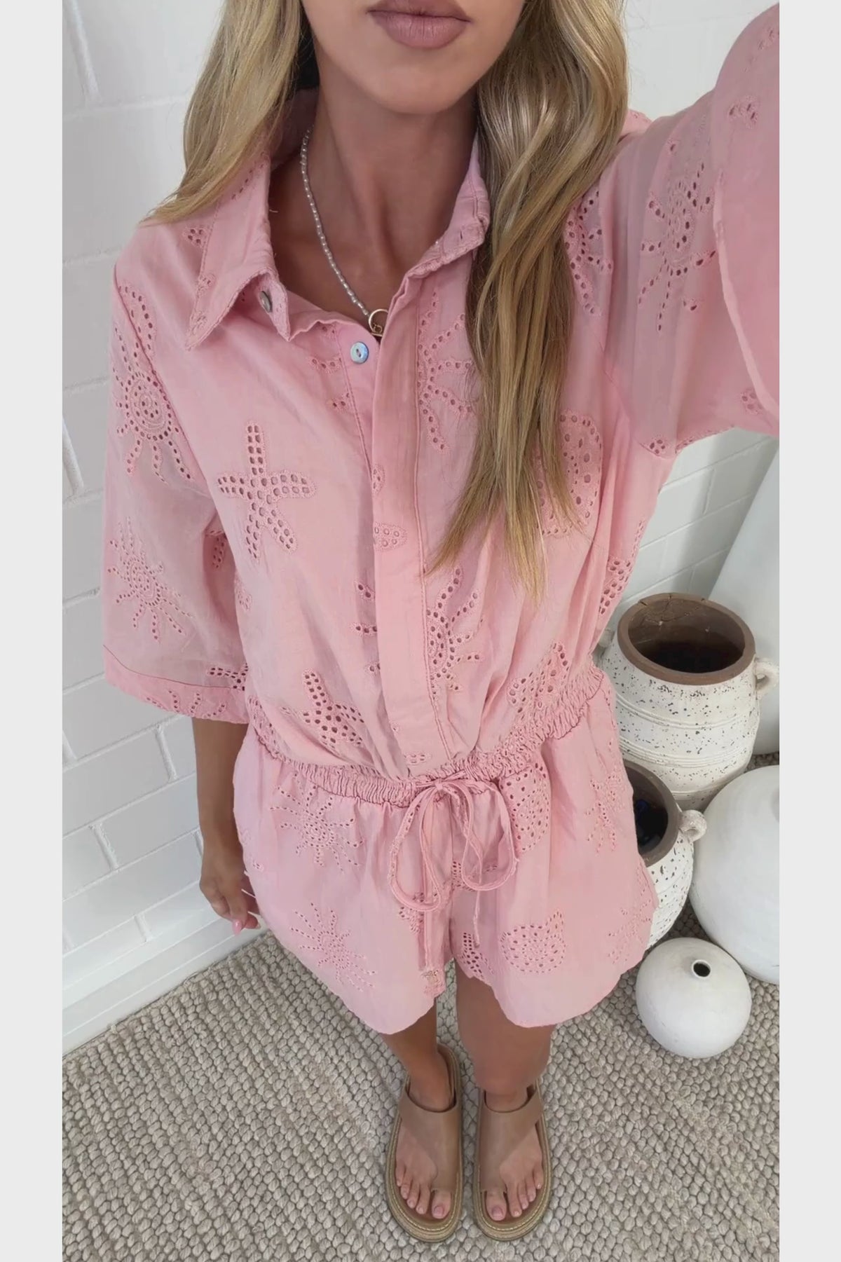 Odair Playsuit - Collared Shirt Playsuit with Pull Tie Waist and Pockets in Ocean Lace Pink